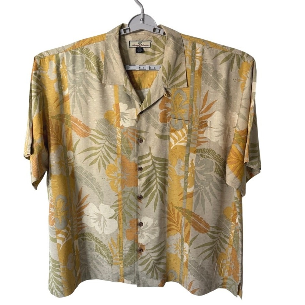 Tommy Bahama Button Up Shirt Men XXL Tan Floral Silk Short Sleeve Camp Tropical